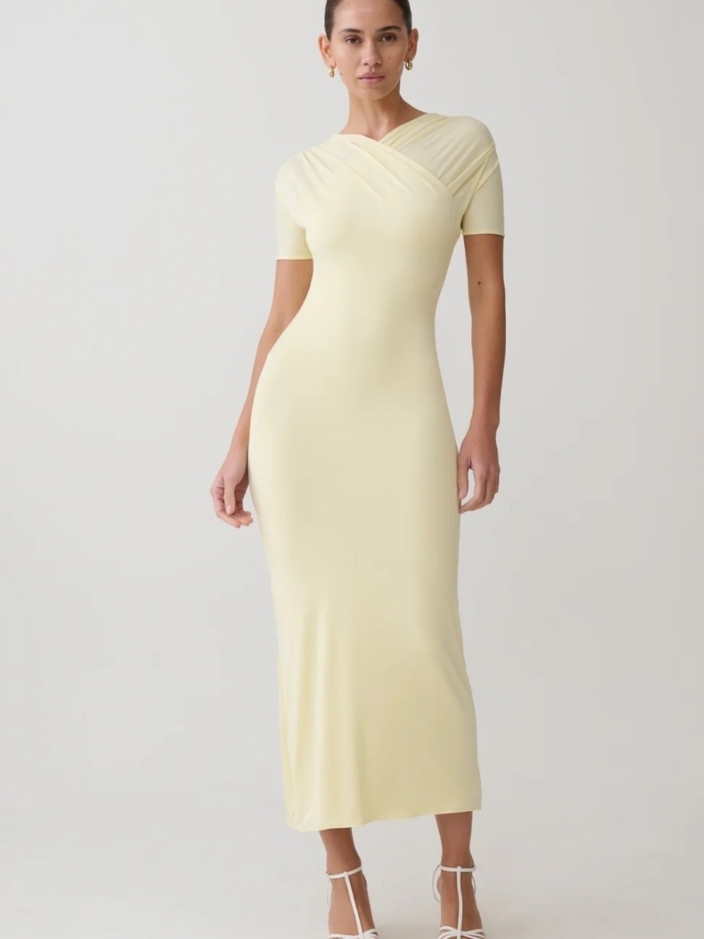 Meshki Soft Lemon Draped Cap-Sleeve Maxi Dress